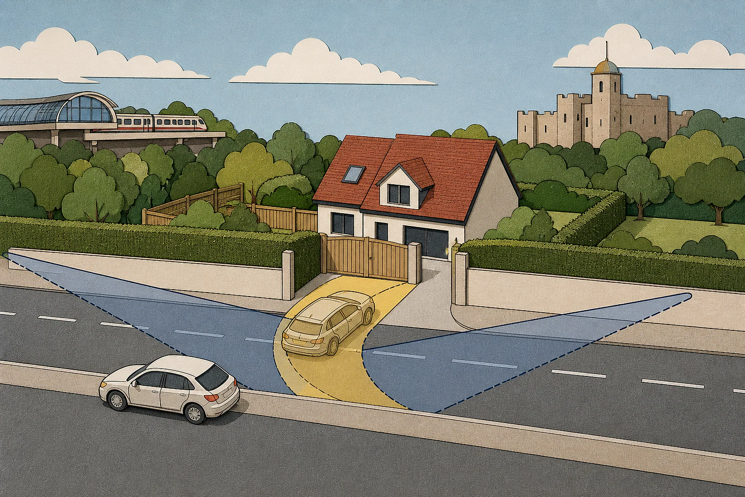 Cut-paper illustration of an imaginary access, visibility and highway safety planning issue in Colchester, with simplified local landmarks.