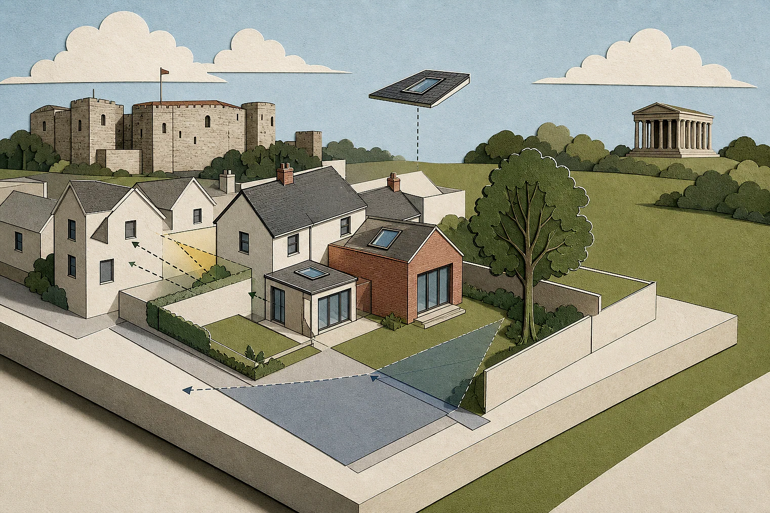 Cut-paper planning illustration for Colchester, showing extensions, neighbours, access and open land near simplified local landmarks.