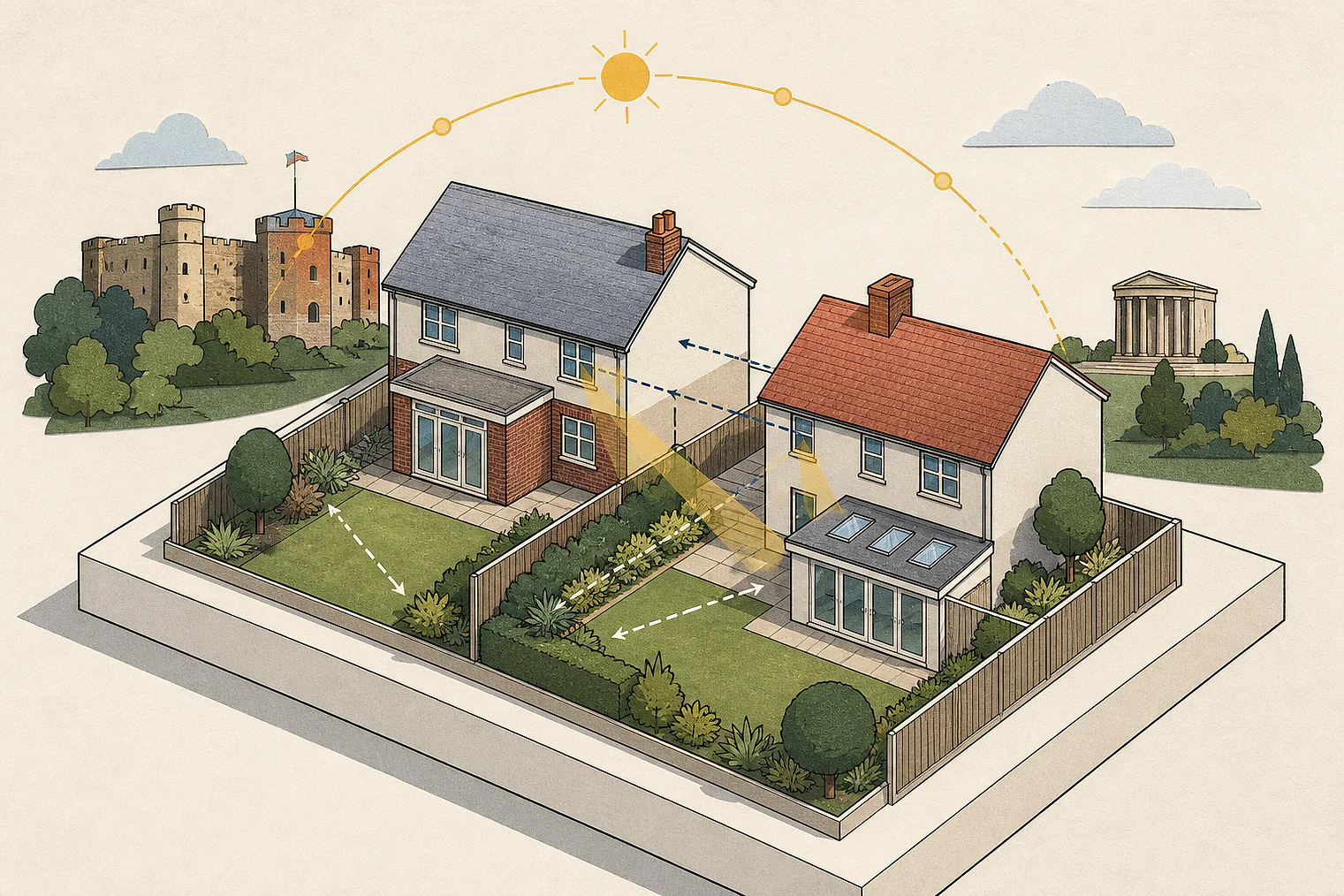 Cut-paper illustration of an imaginary privacy, daylight and neighbour living conditions planning issue in Colchester, with simplified local landmarks.
