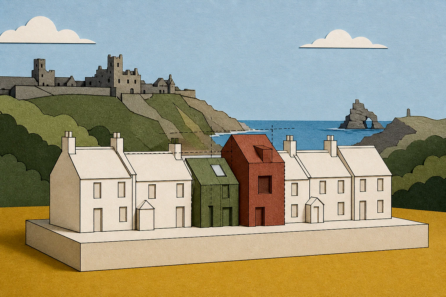 Cut-paper illustration of an imaginary character, scale and appearance planning issue in Cornwall, with simplified local landmarks.