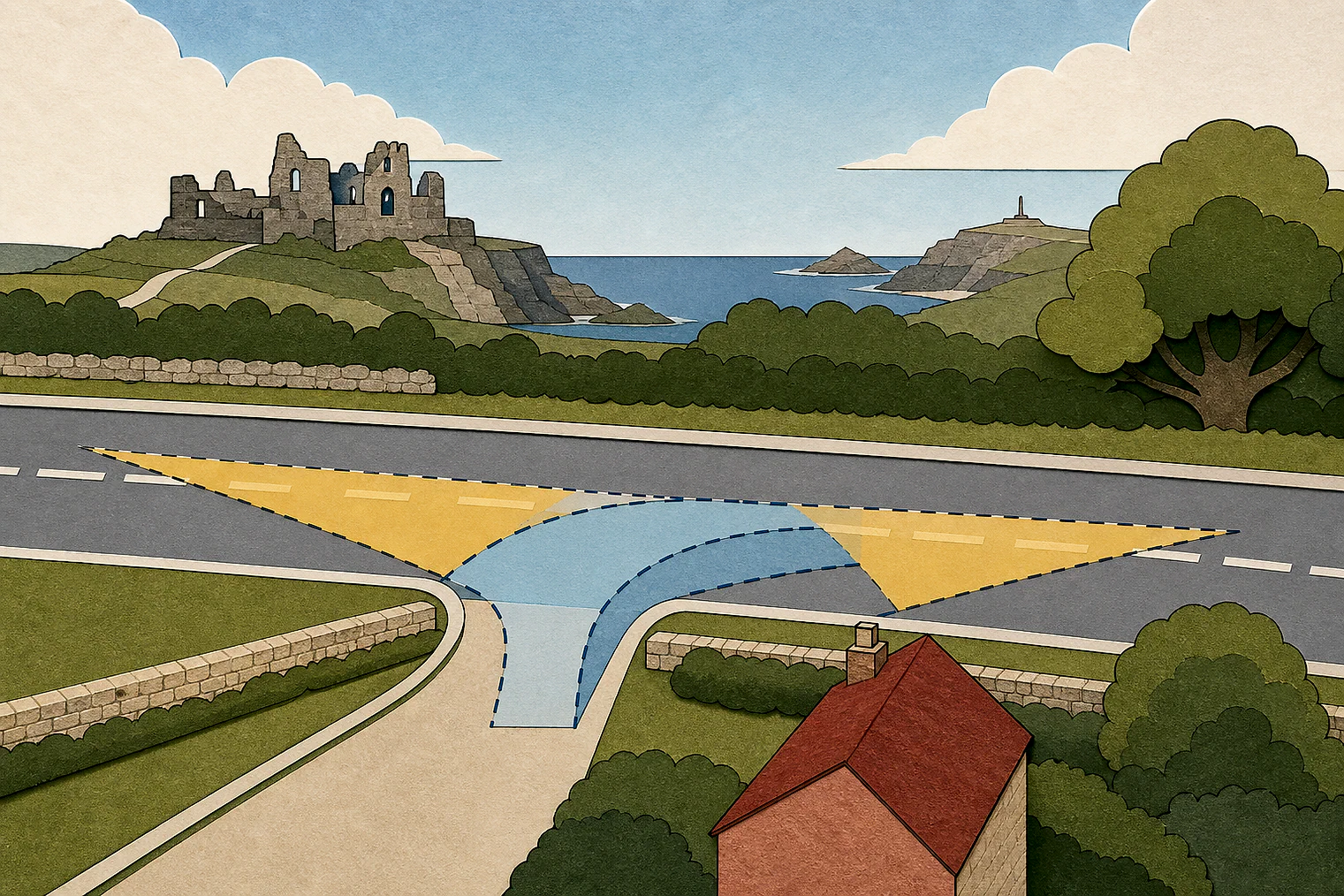 Cut-paper illustration of an imaginary access, visibility and highway safety planning issue in Cornwall, with simplified local landmarks.