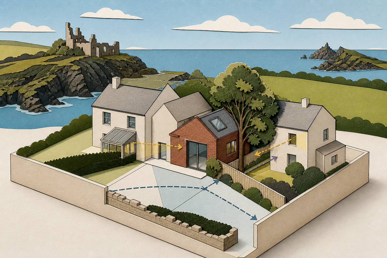 Cut-paper planning illustration for Cornwall, showing extensions, neighbours, access and open land near simplified local landmarks.