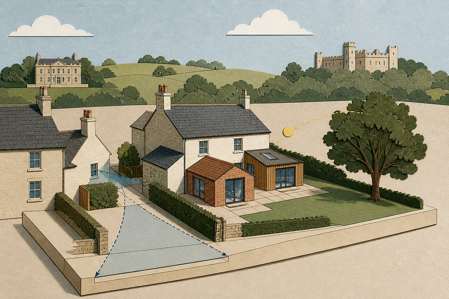 Cut-paper planning illustration for Cotswold, showing extensions, neighbours, access and open land near simplified local landmarks.