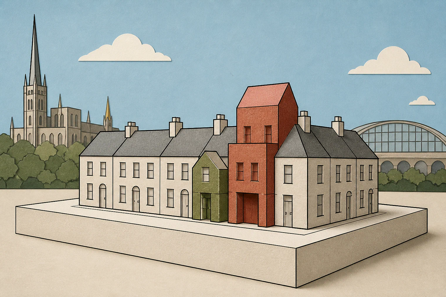 Cut-paper illustration of an imaginary character, scale and appearance planning issue in Coventry, with simplified local landmarks.