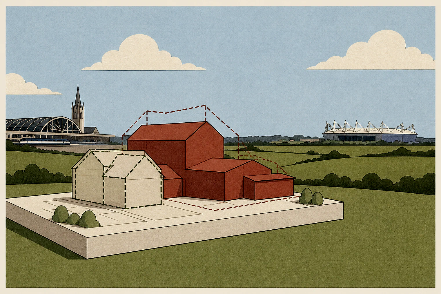 Cut-paper illustration of an imaginary building scale and Green Belt openness planning issue in Coventry, with simplified local landmarks.