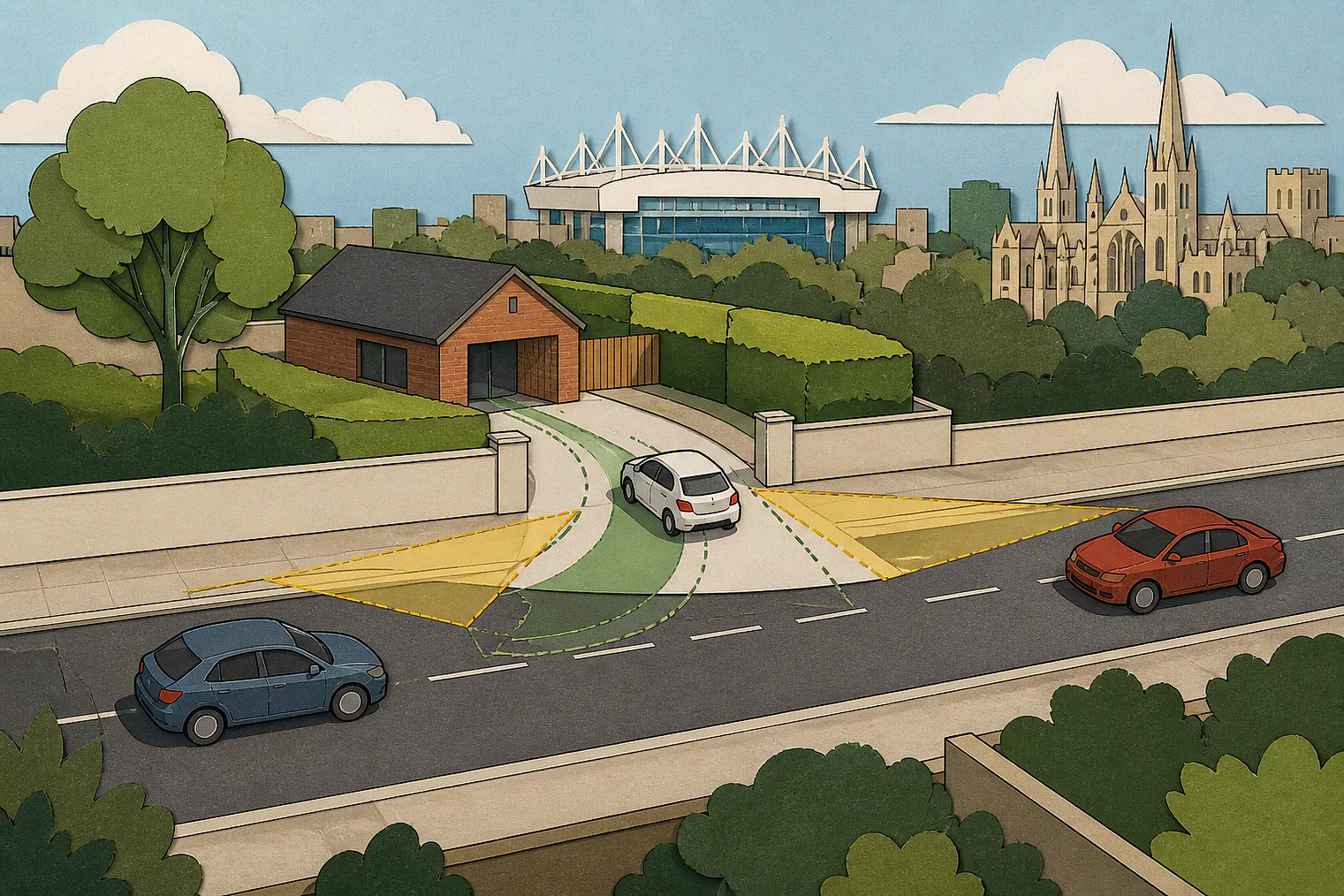 Cut-paper illustration of an imaginary access, visibility and highway safety planning issue in Coventry, with simplified local landmarks.