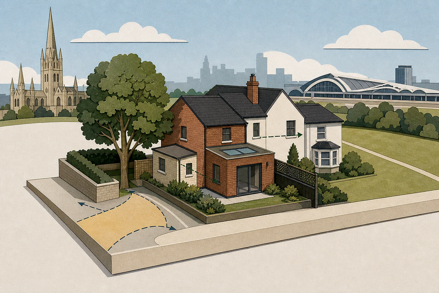 Cut-paper planning illustration for Coventry, showing extensions, neighbours, access and open land near simplified local landmarks.