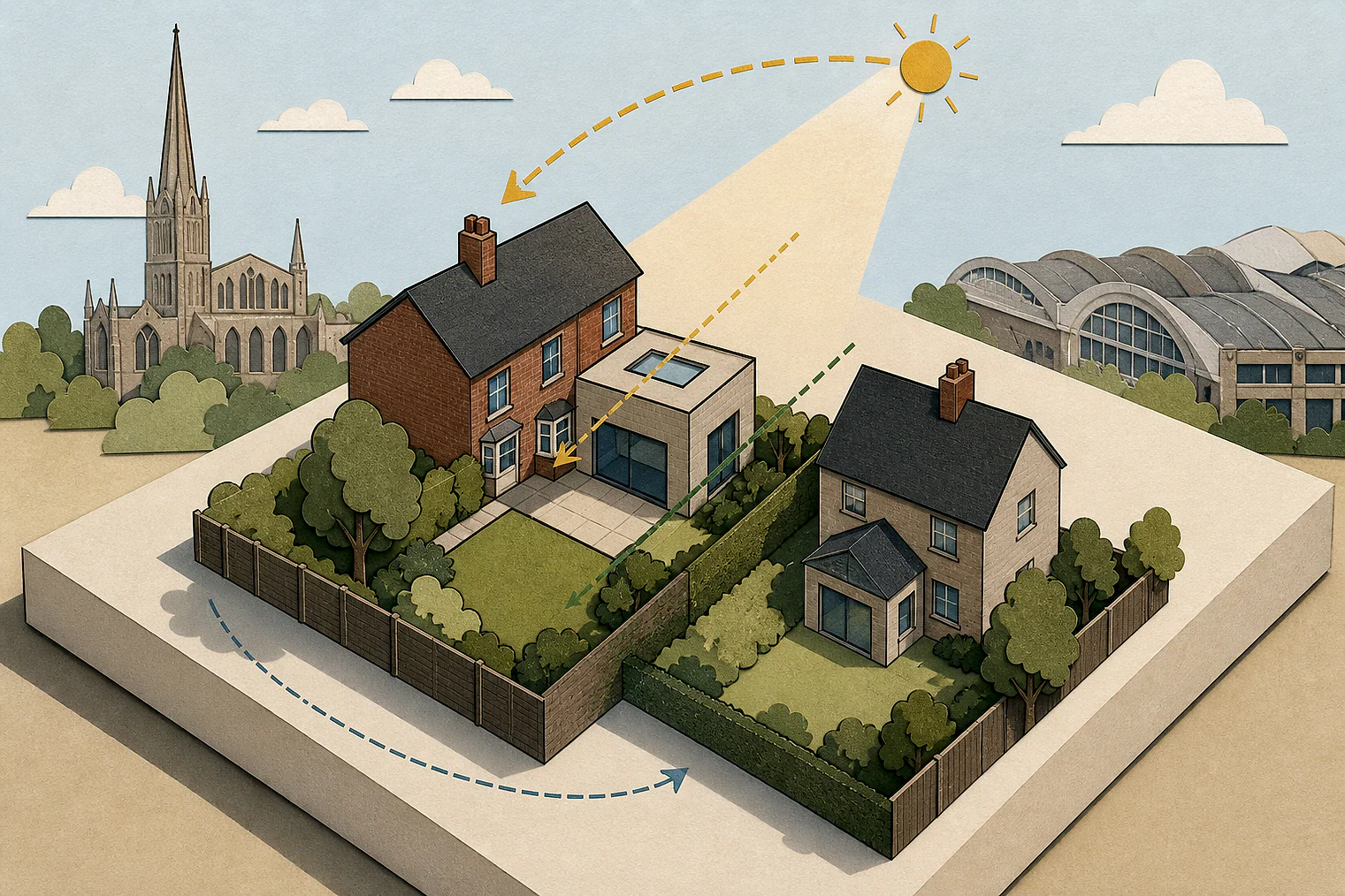 Cut-paper illustration of an imaginary privacy, daylight and neighbour living conditions planning issue in Coventry, with simplified local landmarks.