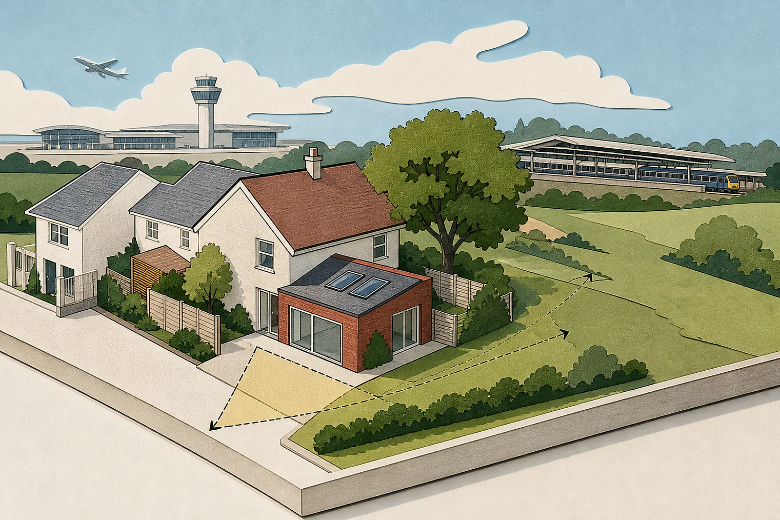Cut-paper planning illustration for Crawley, showing extensions, neighbours, access and open land near simplified local landmarks.