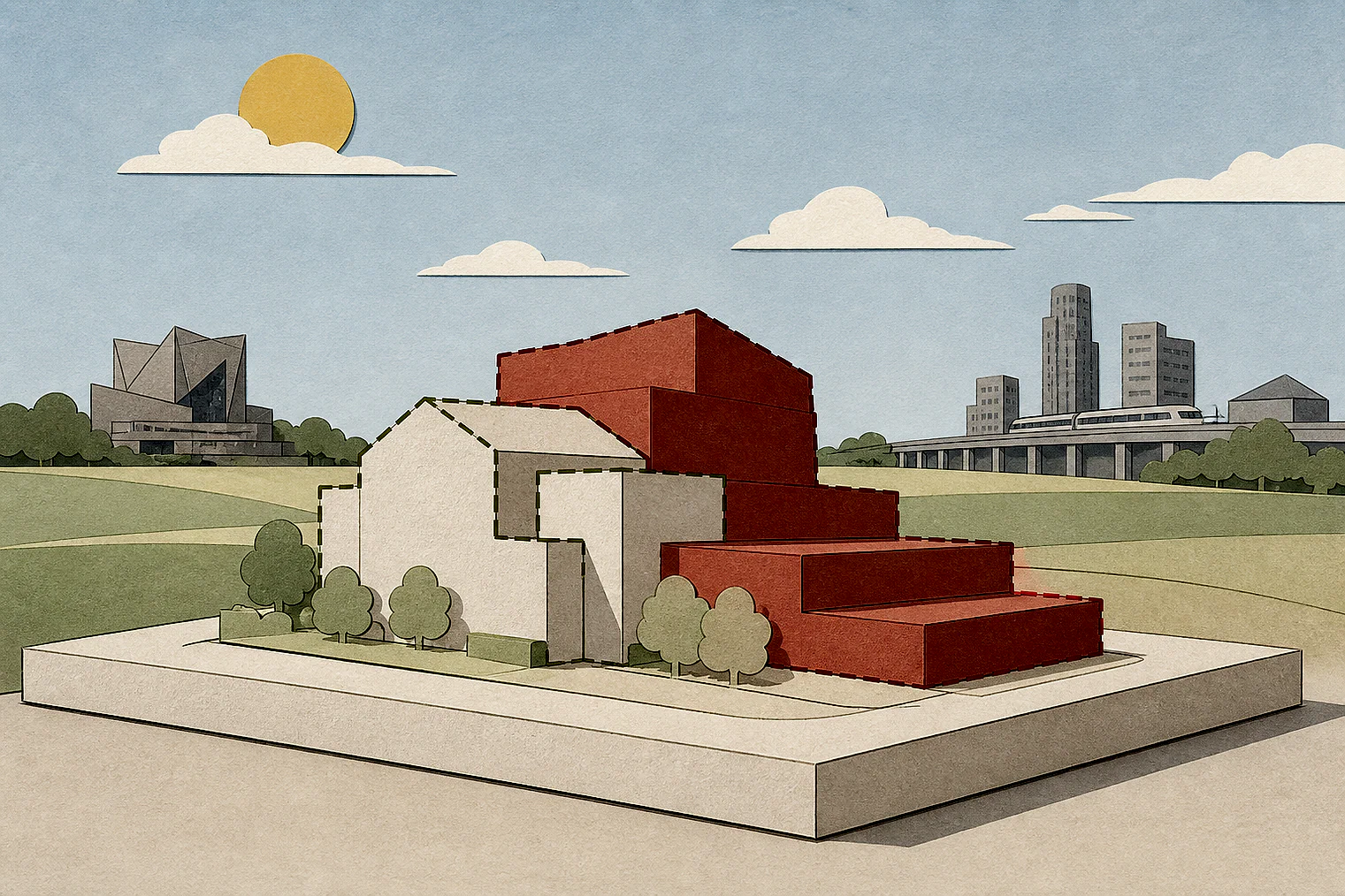 Cut-paper illustration of an imaginary building scale and Green Belt openness planning issue in Croydon, with simplified local landmarks.