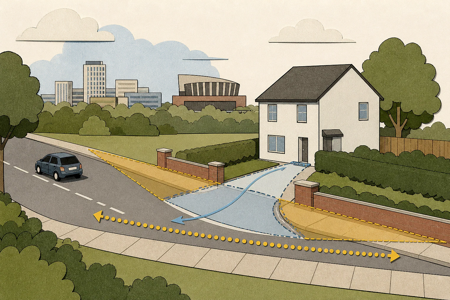 Cut-paper illustration of an imaginary access, visibility and highway safety planning issue in Croydon, with simplified local landmarks.