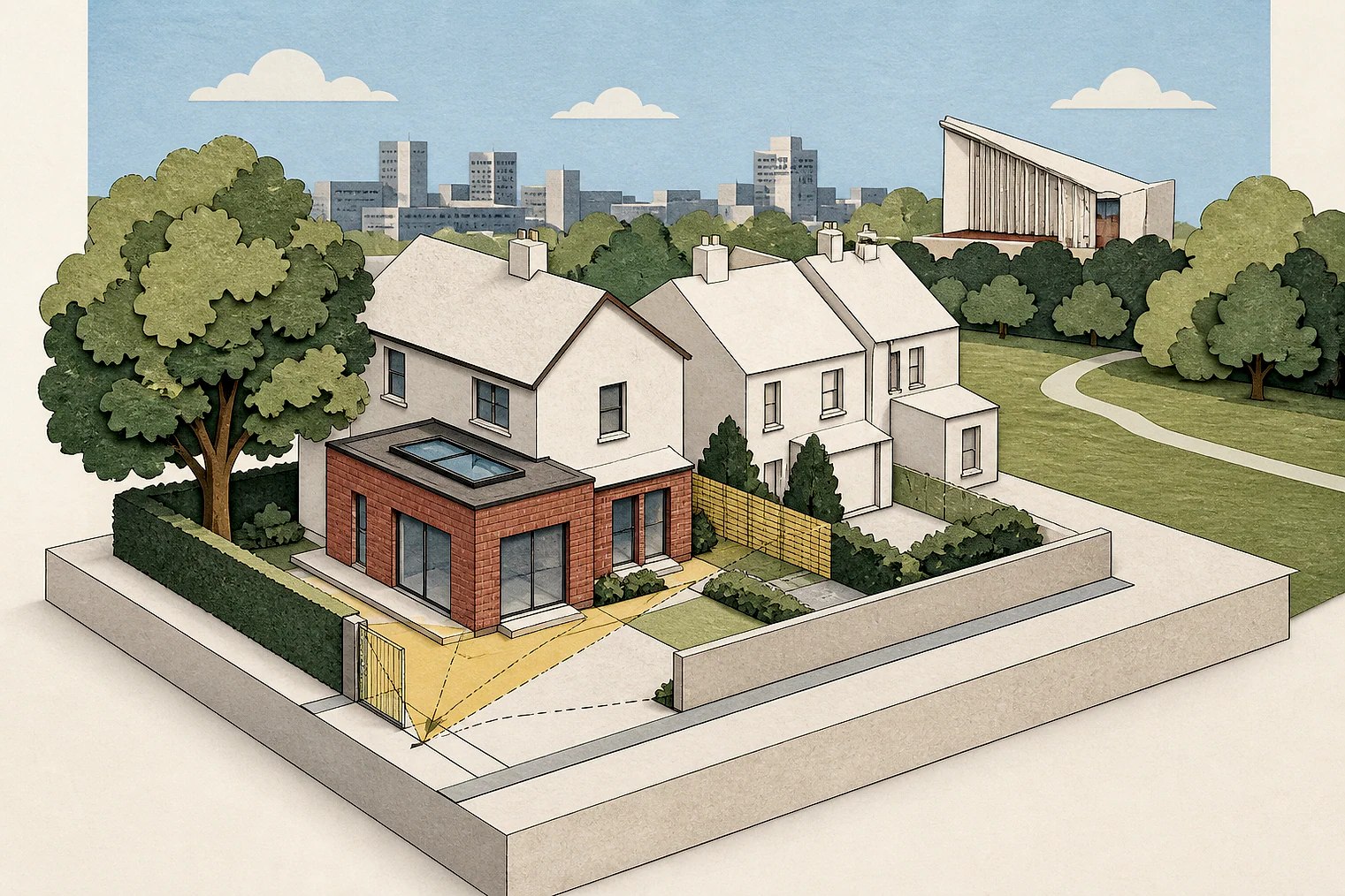Cut-paper planning illustration for Croydon, showing extensions, neighbours, access and open land near simplified local landmarks.
