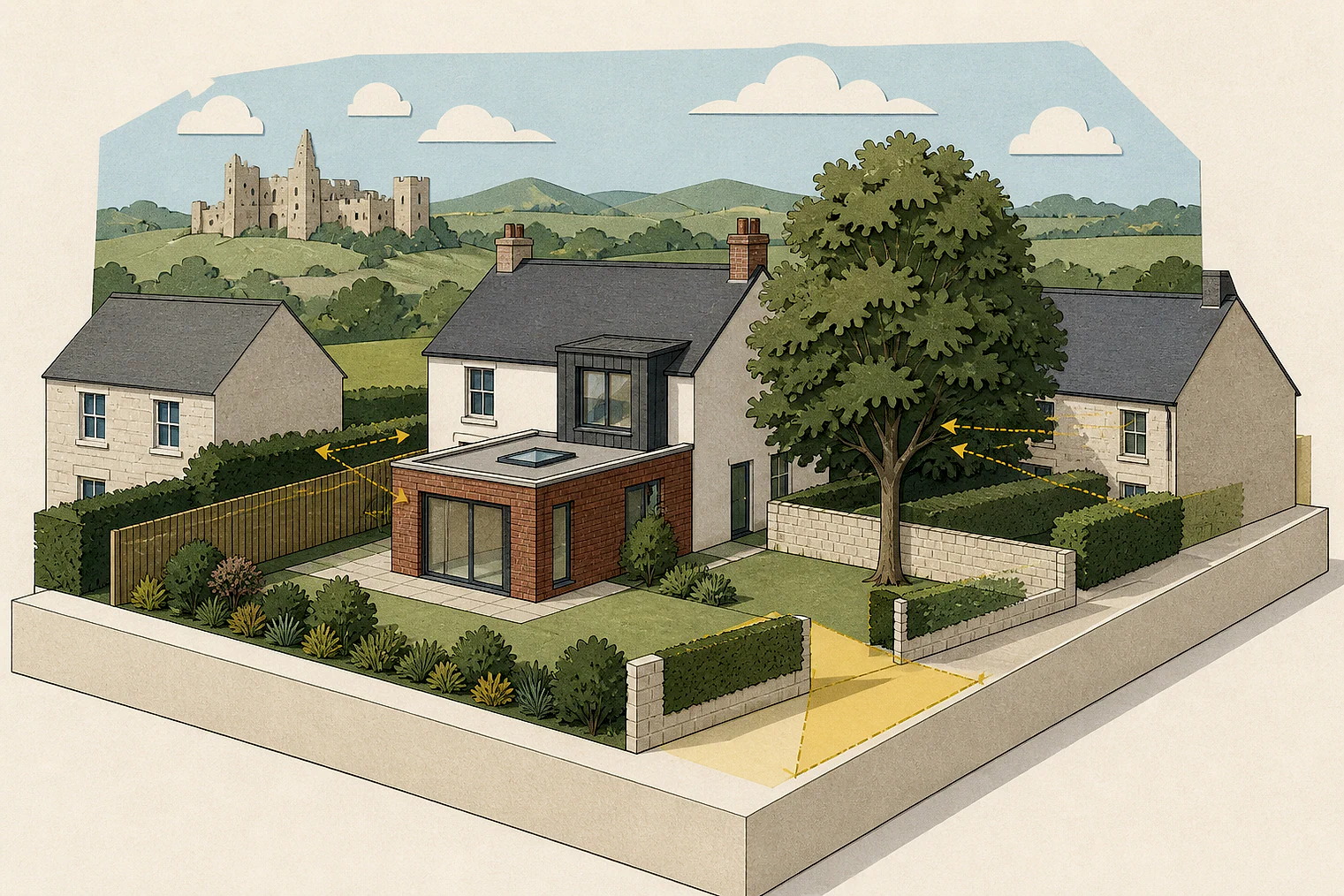 Cut-paper planning illustration for Cumberland, showing extensions, neighbours, access and open land near simplified local landmarks.