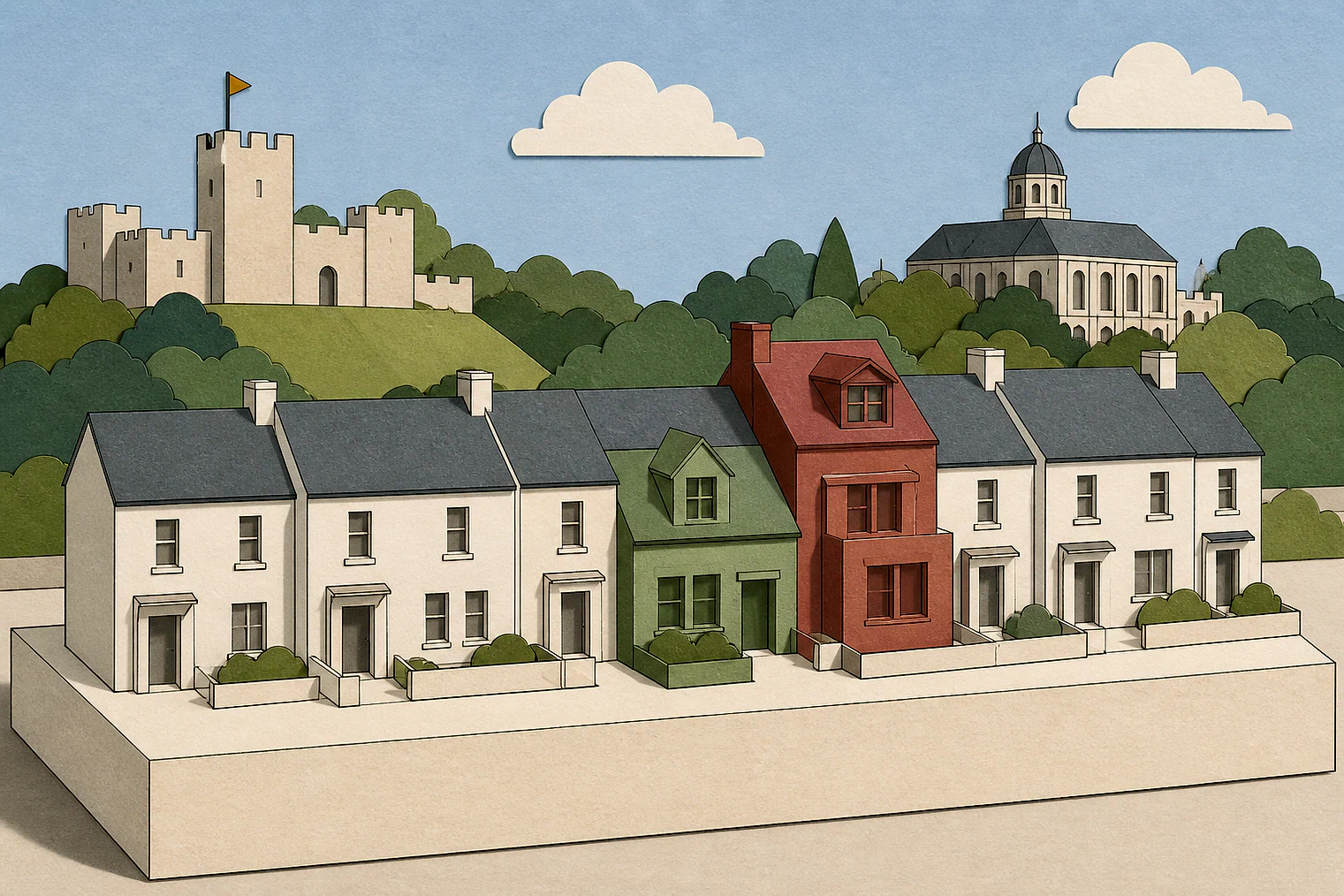 Cut-paper illustration of an imaginary character, scale and appearance planning issue in Dacorum, with simplified local landmarks.