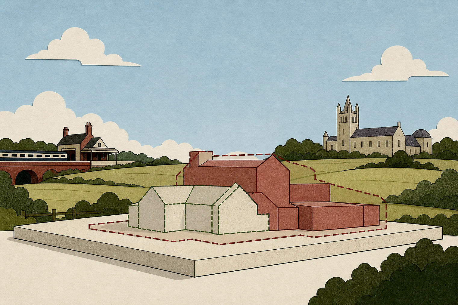 Cut-paper illustration of an imaginary building scale and Green Belt openness planning issue in Dacorum, with simplified local landmarks.