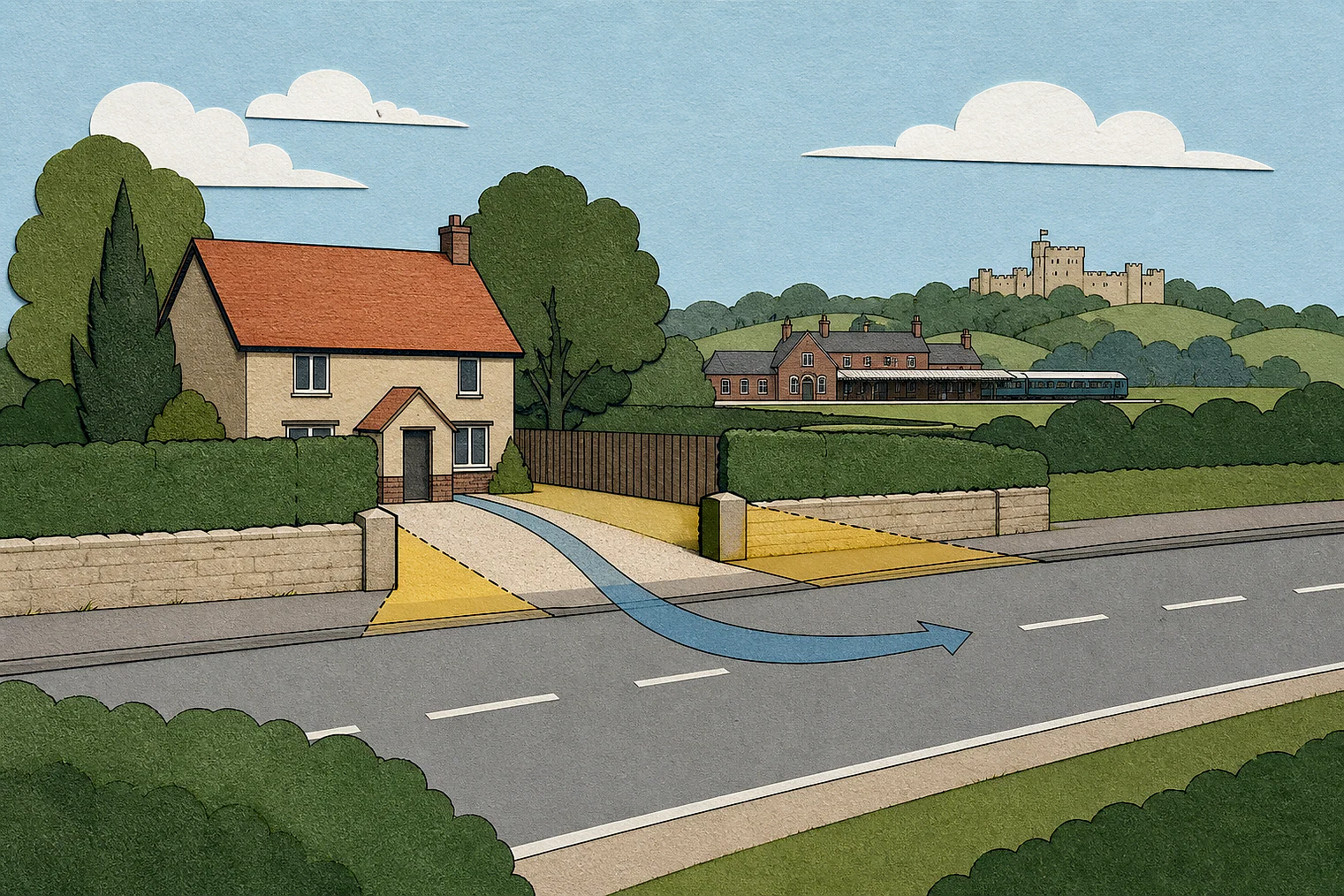 Cut-paper illustration of an imaginary access, visibility and highway safety planning issue in Dacorum, with simplified local landmarks.