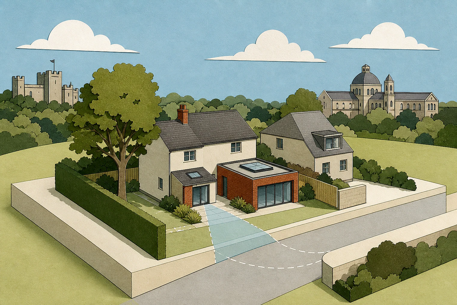 Cut-paper planning illustration for Dacorum, showing extensions, neighbours, access and open land near simplified local landmarks.
