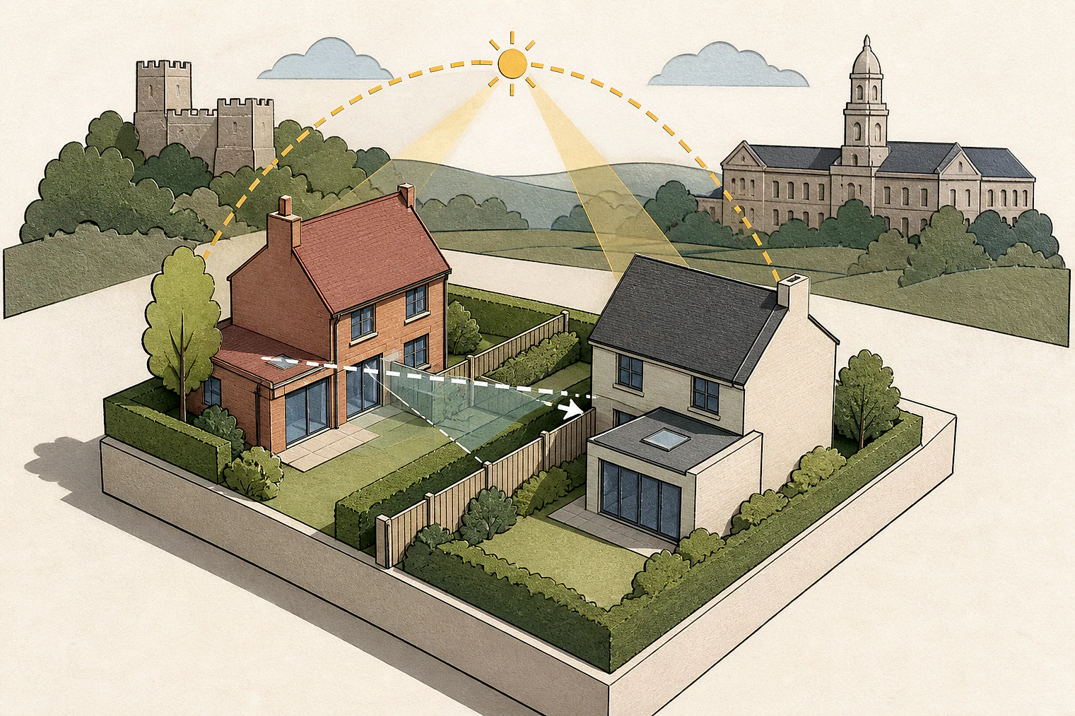 Cut-paper illustration of an imaginary privacy, daylight and neighbour living conditions planning issue in Dacorum, with simplified local landmarks.