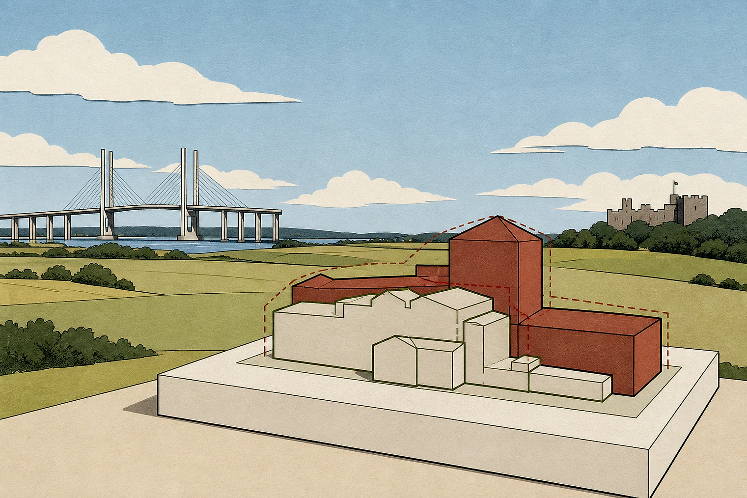 Cut-paper illustration of an imaginary building scale and Green Belt openness planning issue in Dartford, with simplified local landmarks.