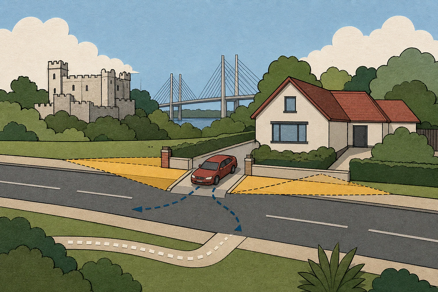Cut-paper illustration of an imaginary access, visibility and highway safety planning issue in Dartford, with simplified local landmarks.