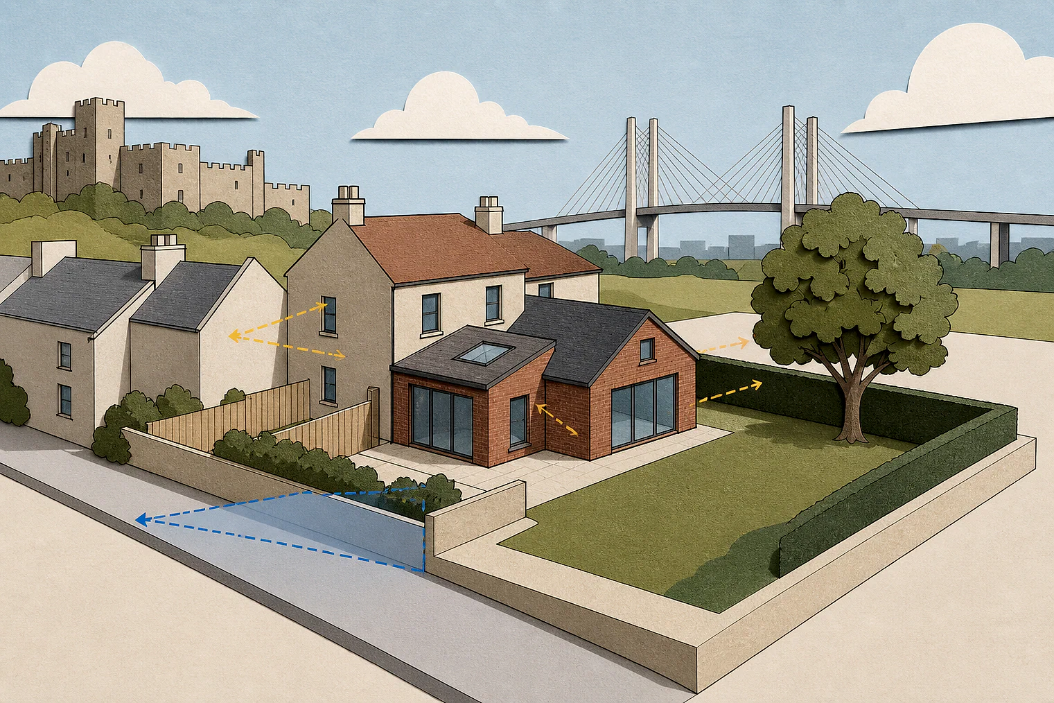 Cut-paper planning illustration for Dartford, showing extensions, neighbours, access and open land near simplified local landmarks.