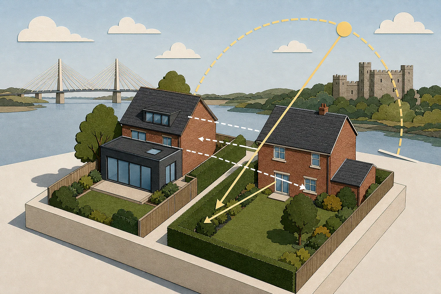 Cut-paper illustration of an imaginary privacy, daylight and neighbour living conditions planning issue in Dartford, with simplified local landmarks.