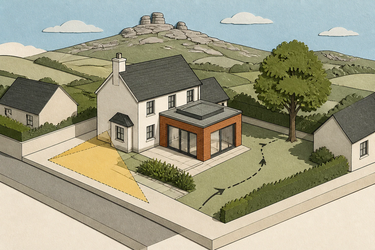 Cut-paper planning illustration for Dartmoor, showing extensions, neighbours, access and open land near simplified local landmarks.