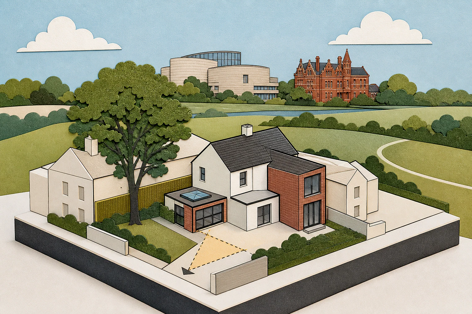 Cut-paper planning illustration for Derby, showing extensions, neighbours, access and open land near simplified local landmarks.