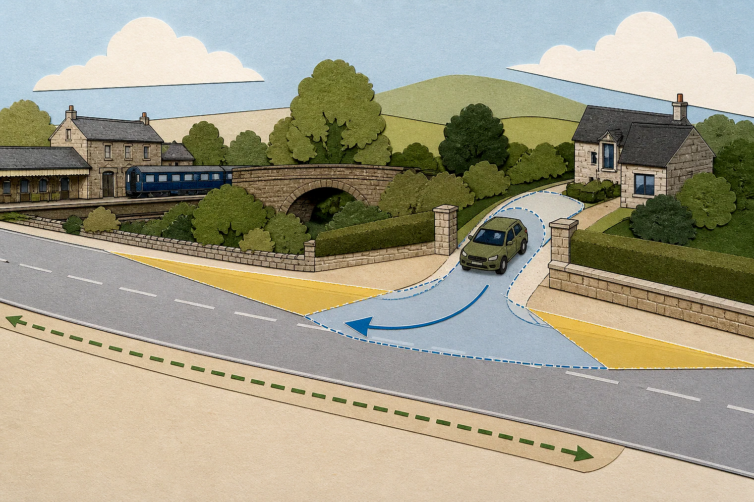 Cut-paper illustration of an imaginary access, visibility and highway safety planning issue in Derbyshire Dales, with simplified local landmarks.