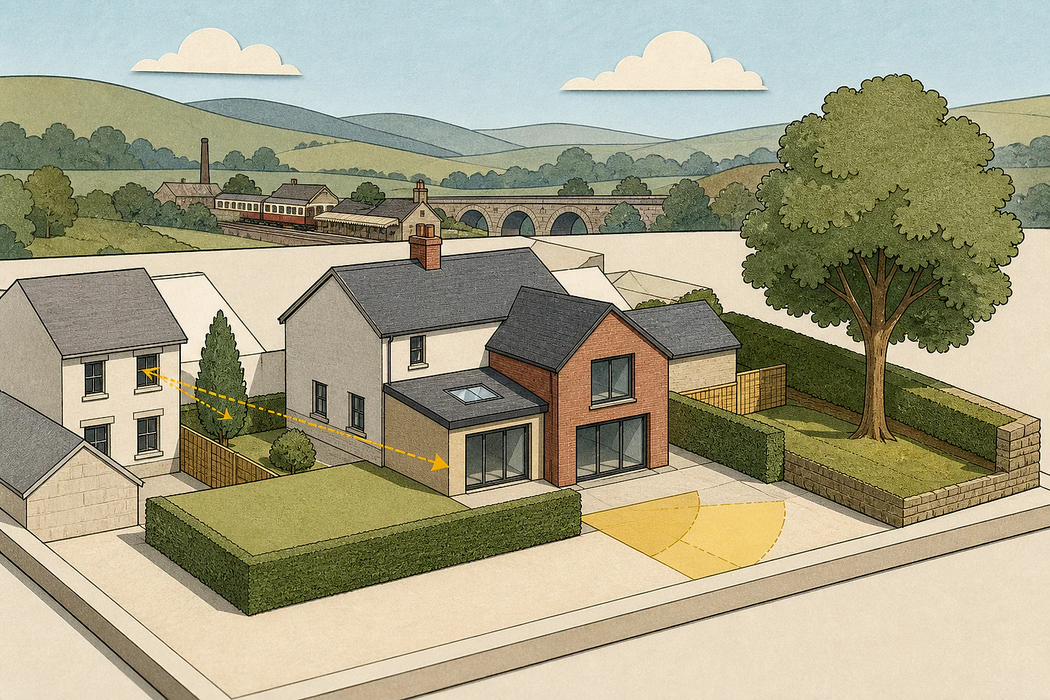 Cut-paper planning illustration for Derbyshire Dales, showing extensions, neighbours, access and open land near simplified local landmarks.