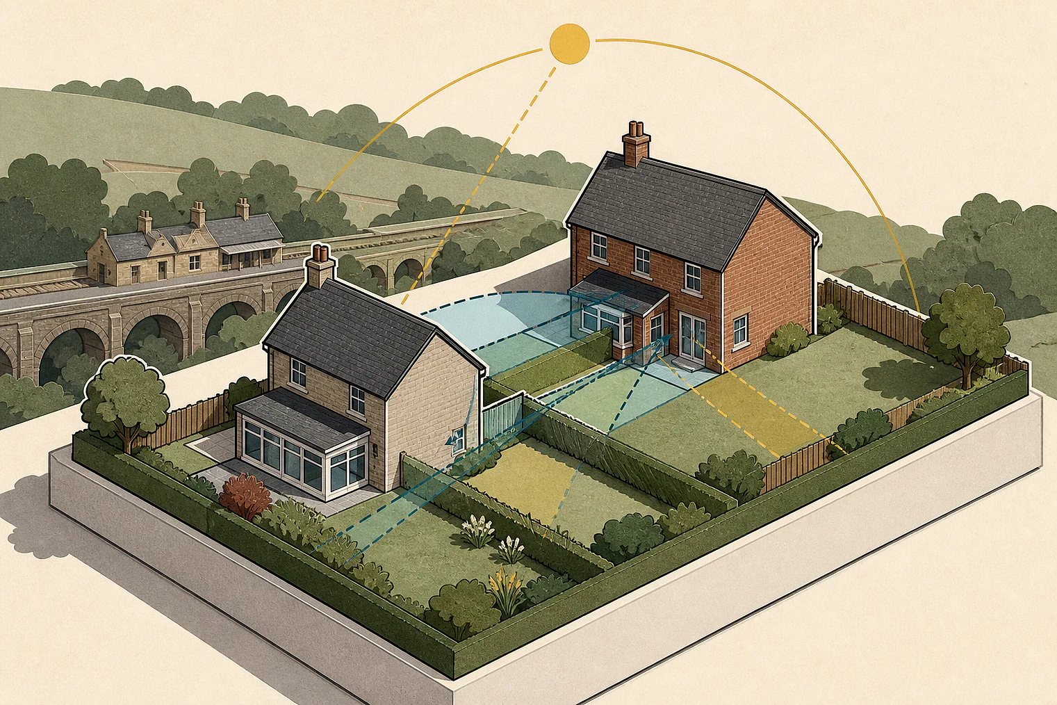 Cut-paper illustration of an imaginary privacy, daylight and neighbour living conditions planning issue in Derbyshire Dales, with simplified local landmarks.