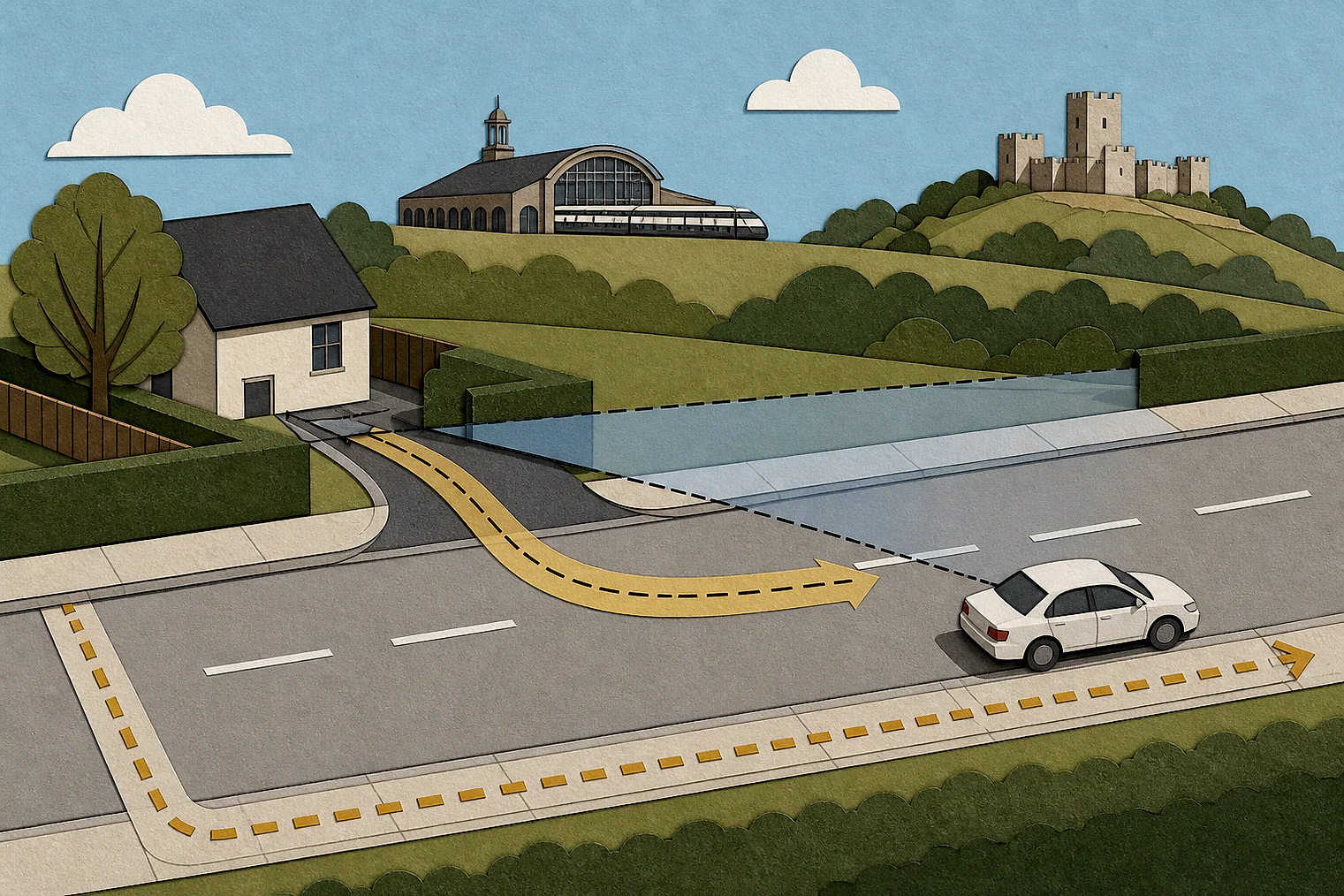 Cut-paper illustration of an imaginary access, visibility and highway safety planning issue in Doncaster Metropolitan, with simplified local landmarks.