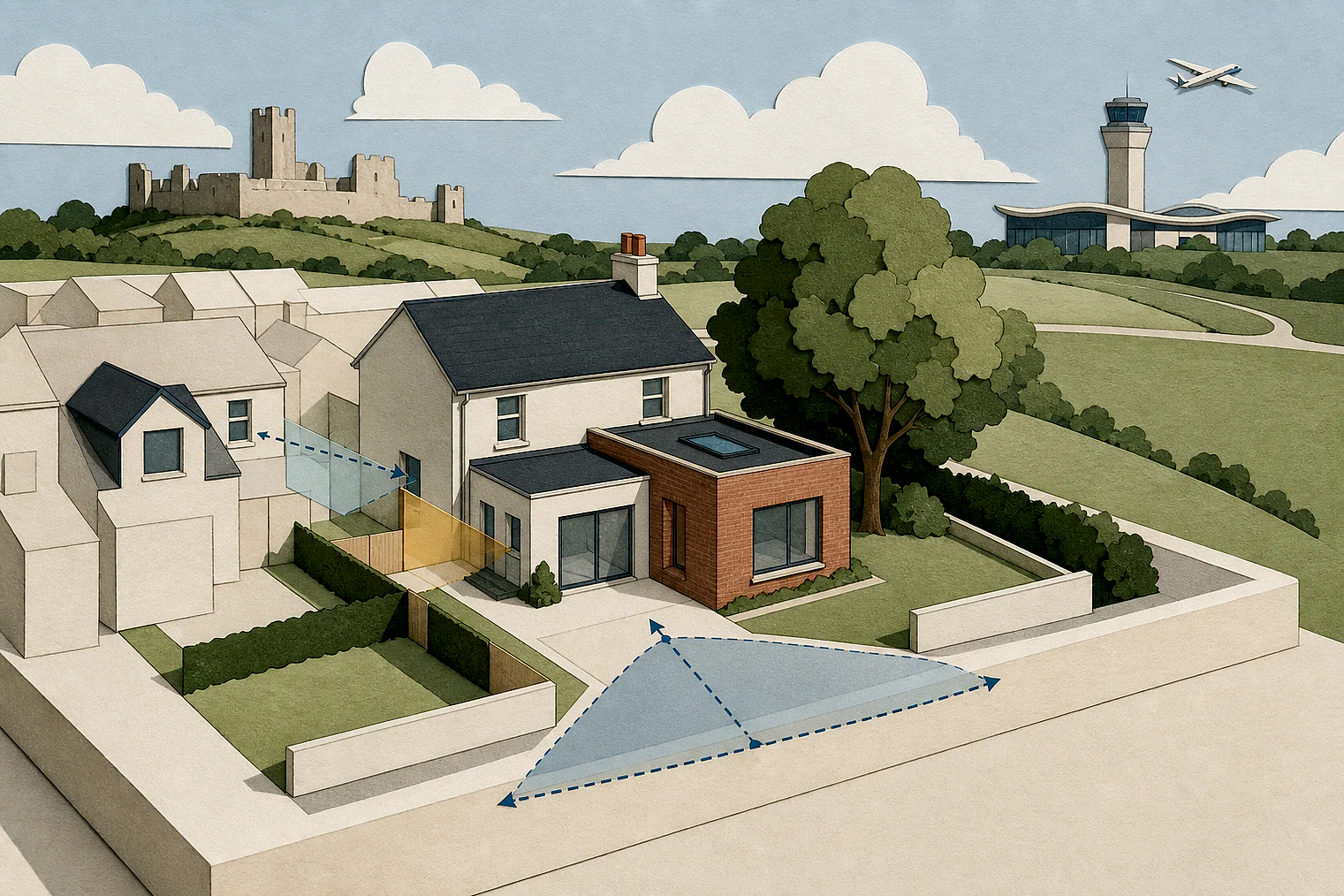 Cut-paper planning illustration for Doncaster Metropolitan, showing extensions, neighbours, access and open land near simplified local landmarks.