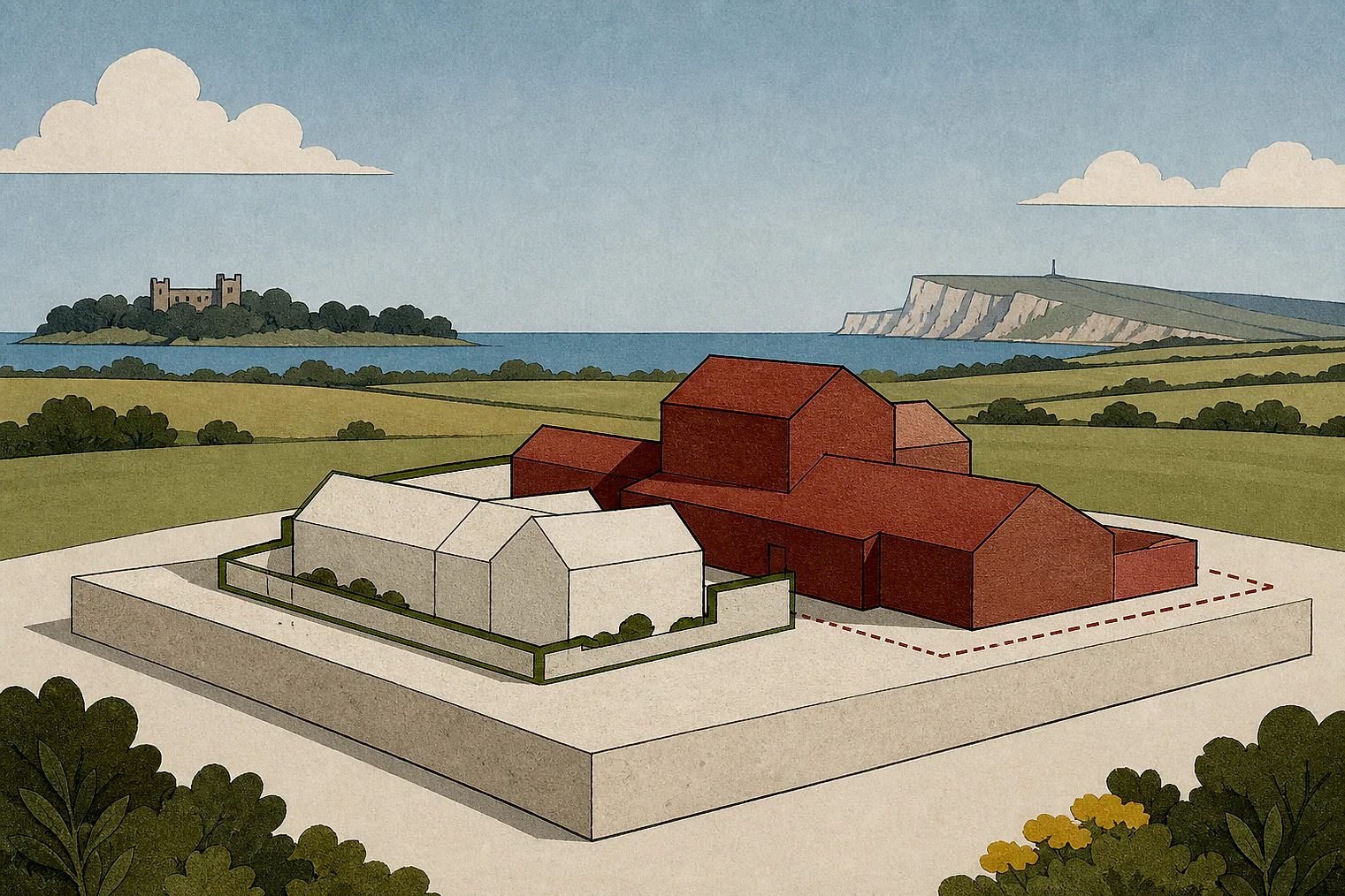 Cut-paper illustration of an imaginary building scale and Green Belt openness planning issue in Dorset, with simplified local landmarks.