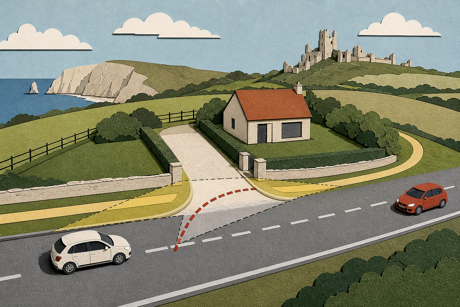 Cut-paper illustration of an imaginary access, visibility and highway safety planning issue in Dorset, with simplified local landmarks.