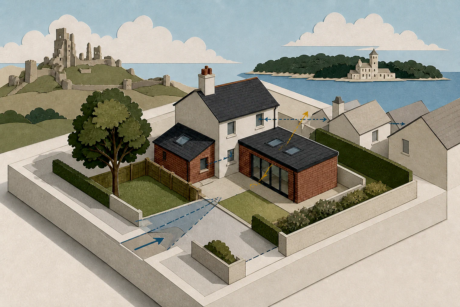 Cut-paper planning illustration for Dorset, showing extensions, neighbours, access and open land near simplified local landmarks.