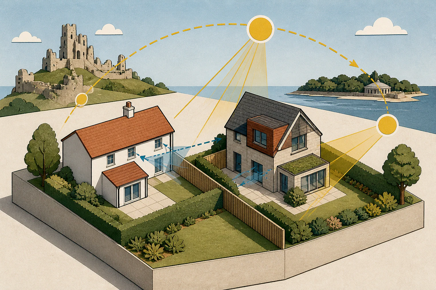 Cut-paper illustration of an imaginary privacy, daylight and neighbour living conditions planning issue in Dorset, with simplified local landmarks.