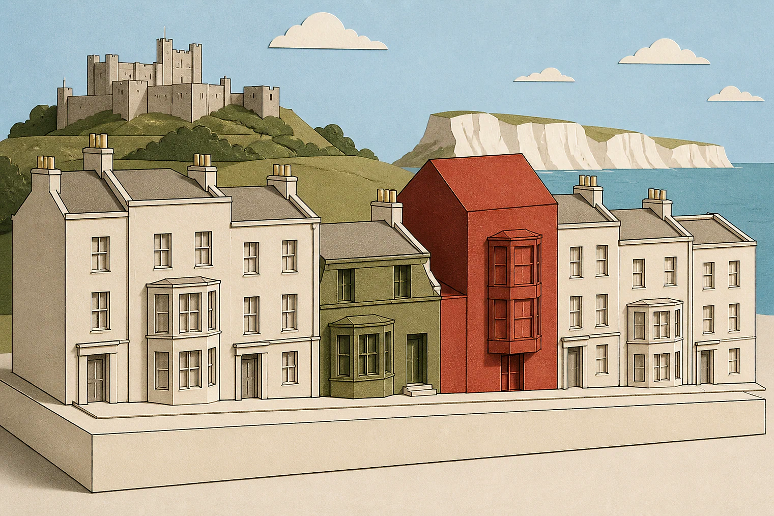 Cut-paper illustration of an imaginary character, scale and appearance planning issue in Dover, with simplified local landmarks.