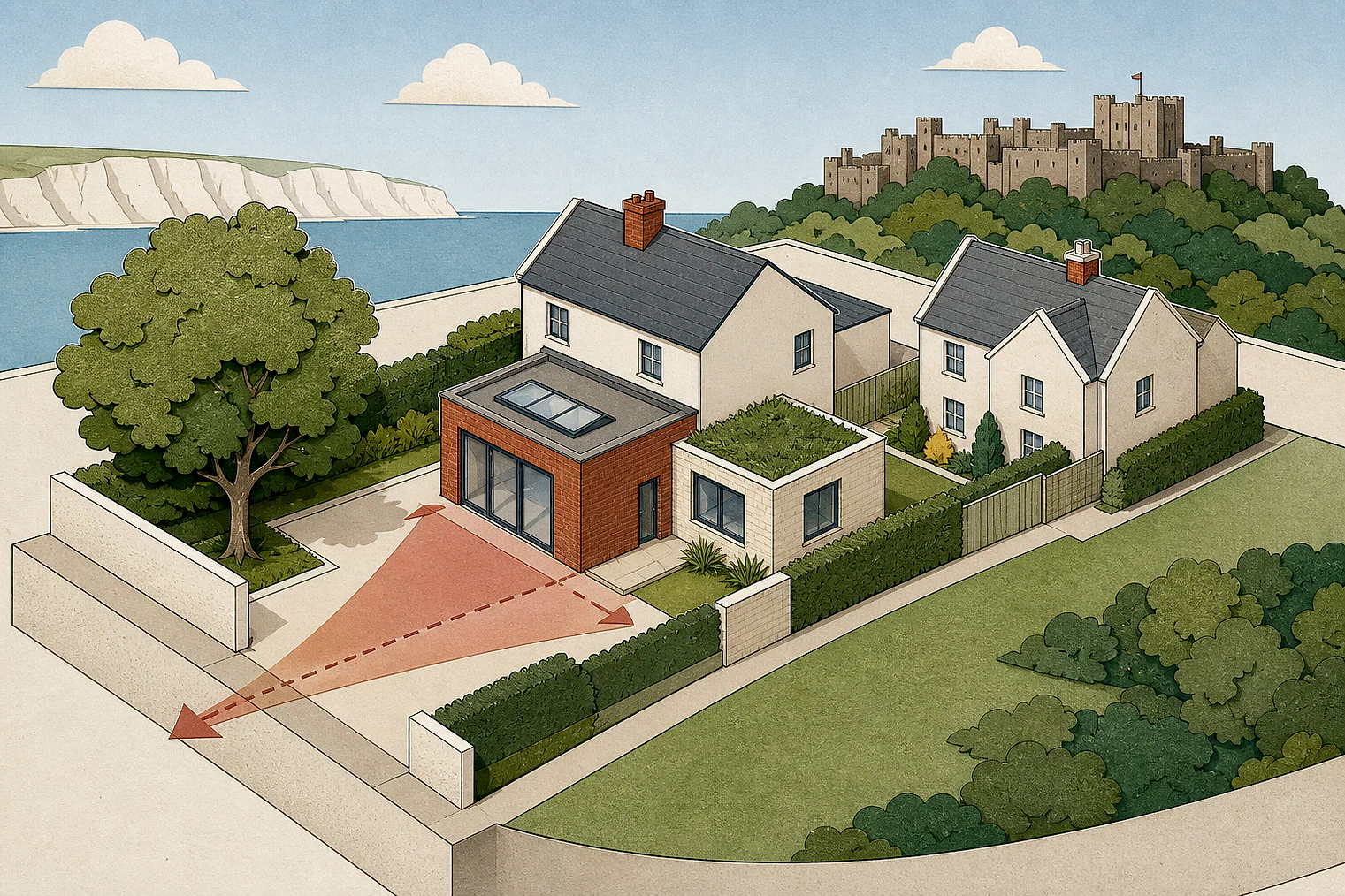 Cut-paper planning illustration for Dover, showing extensions, neighbours, access and open land near simplified local landmarks.