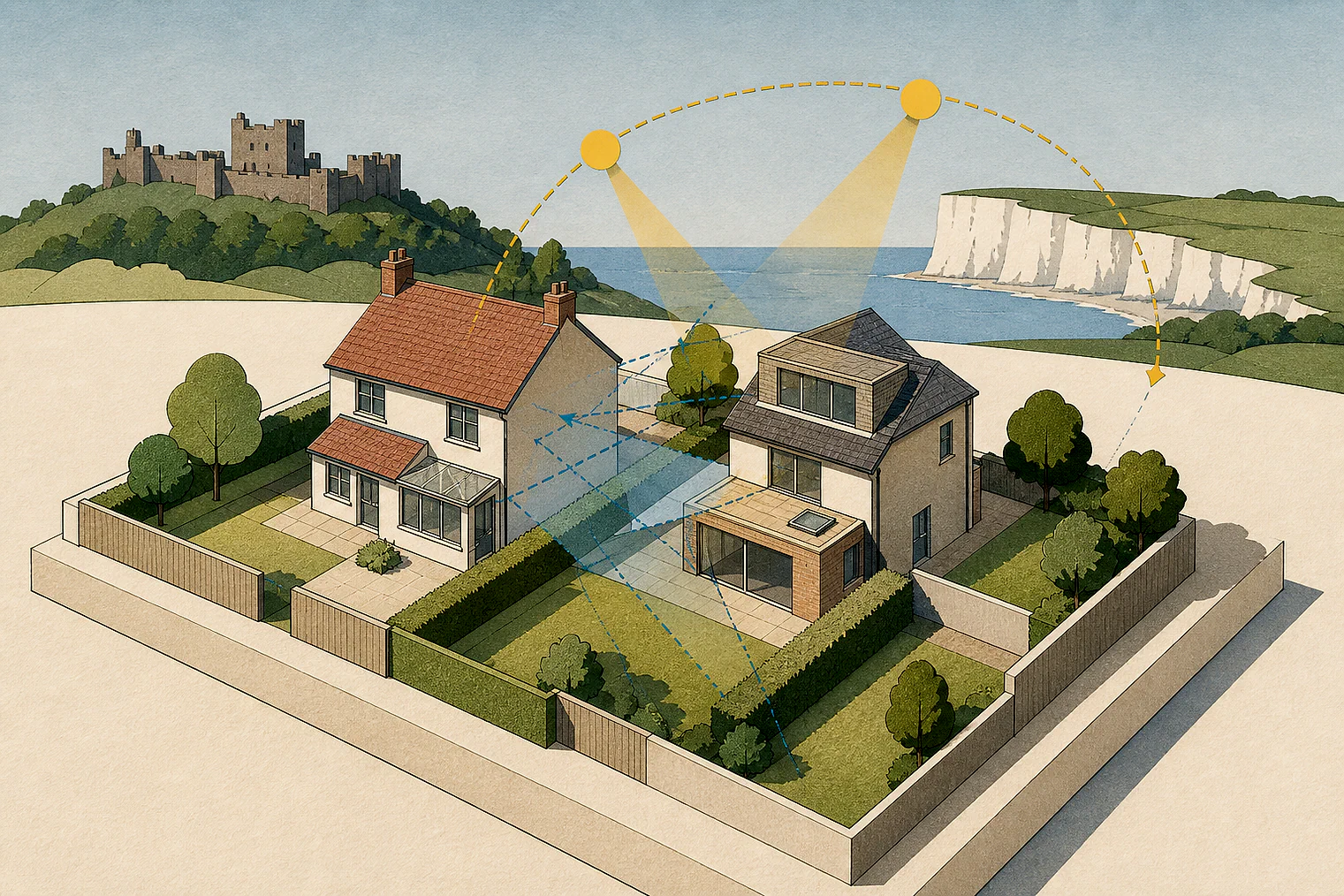 Cut-paper illustration of an imaginary privacy, daylight and neighbour living conditions planning issue in Dover, with simplified local landmarks.