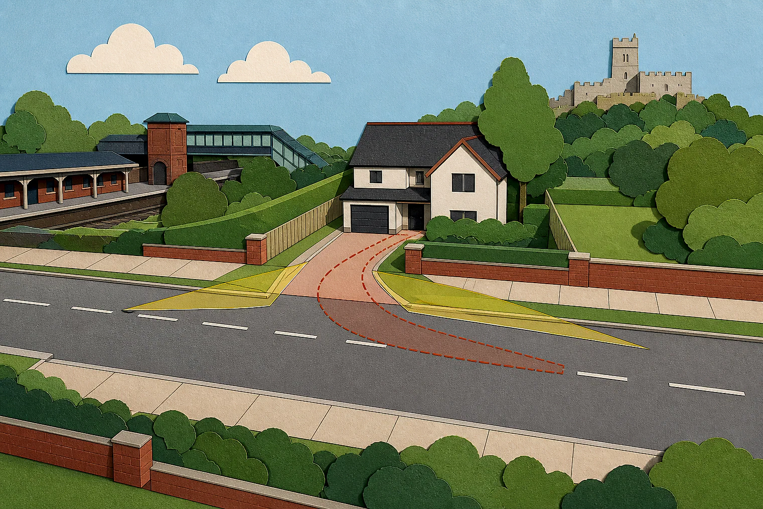 Cut-paper illustration of an imaginary access, visibility and highway safety planning issue in Dudley Metropolitan, with simplified local landmarks.