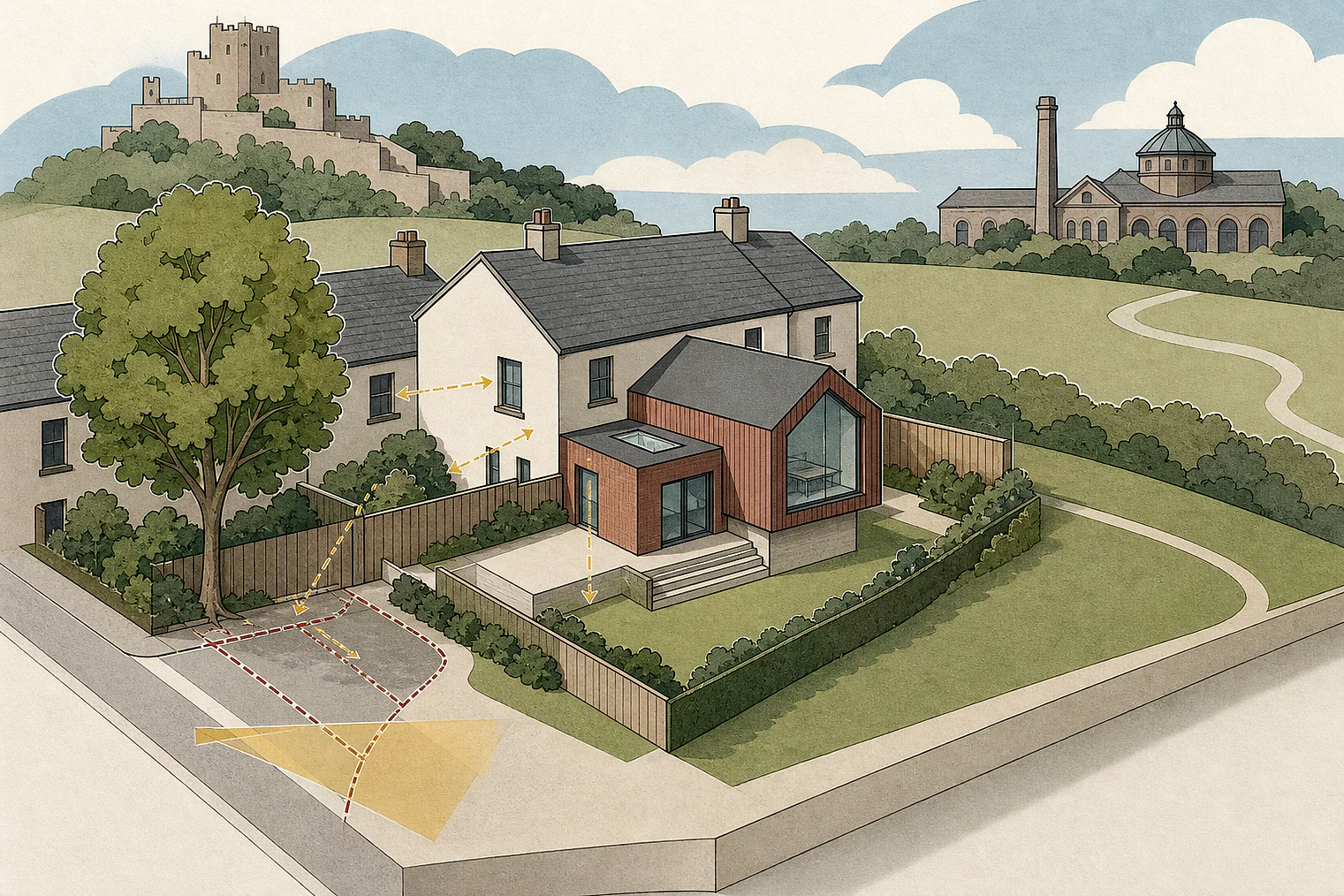Cut-paper planning illustration for Dudley Metropolitan, showing extensions, neighbours, access and open land near simplified local landmarks.