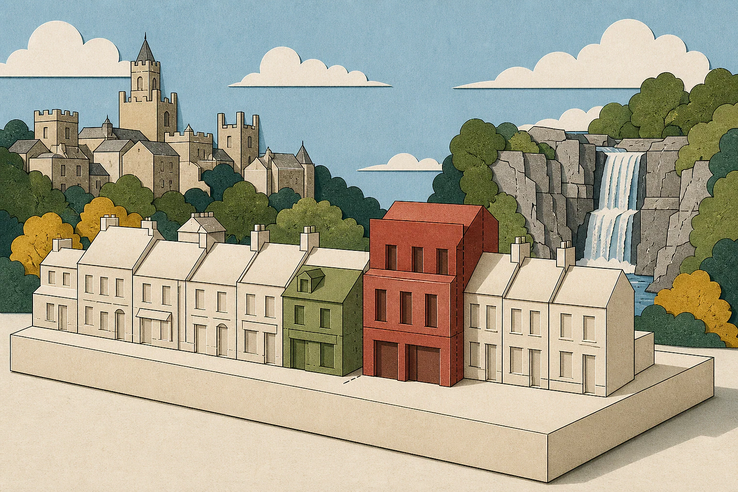 Cut-paper illustration of an imaginary character, scale and appearance planning issue in Durham, with simplified local landmarks.