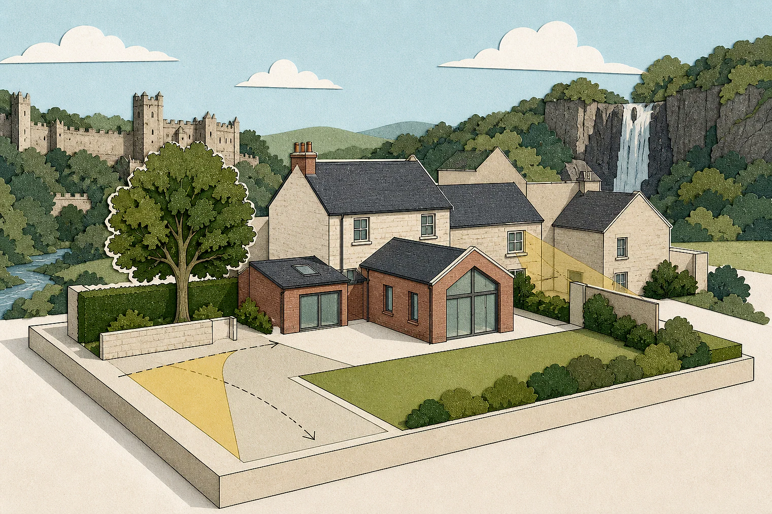 Cut-paper planning illustration for Durham, showing extensions, neighbours, access and open land near simplified local landmarks.