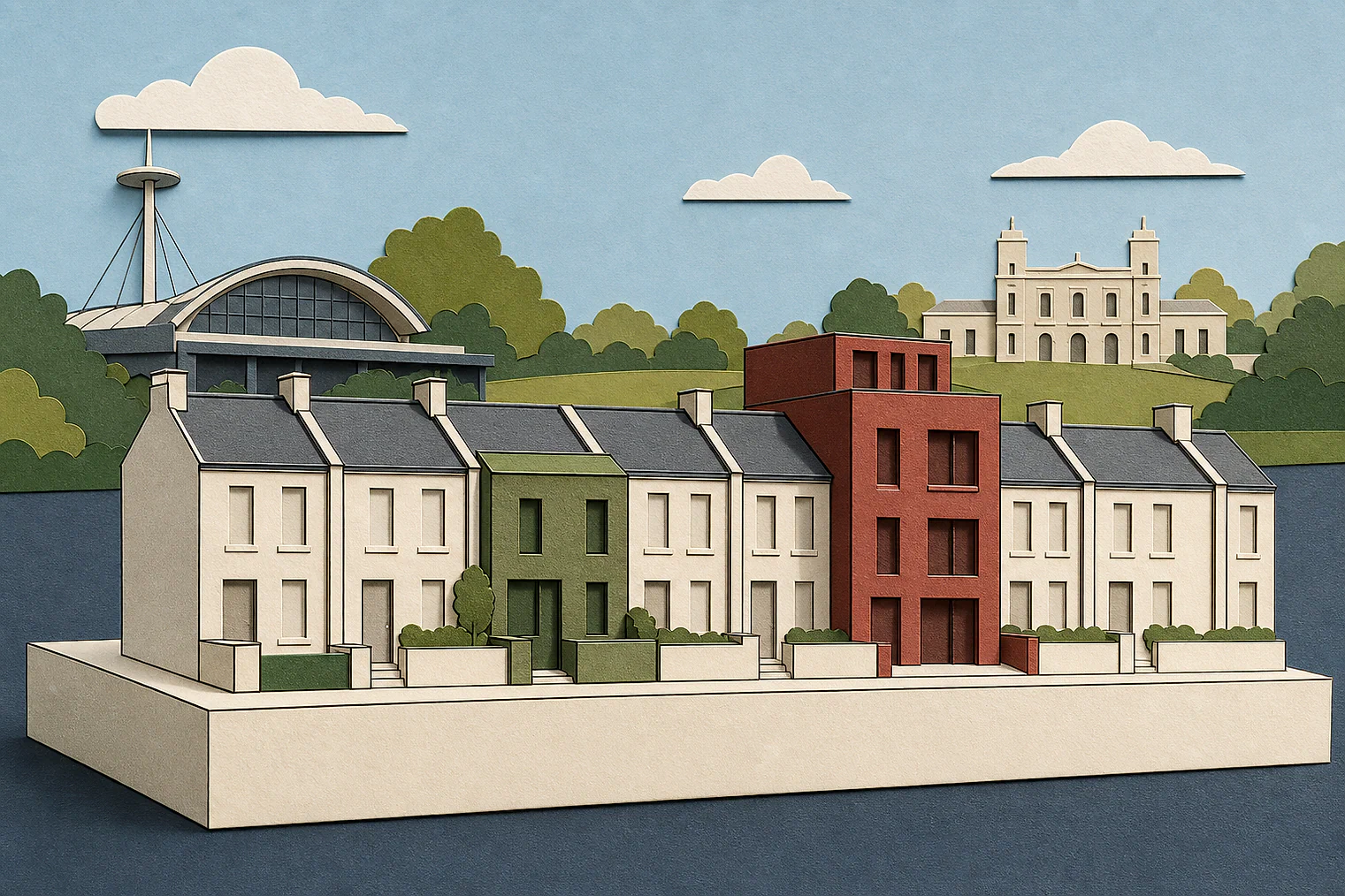 Cut-paper illustration of an imaginary character, scale and appearance planning issue in Ealing, with simplified local landmarks.