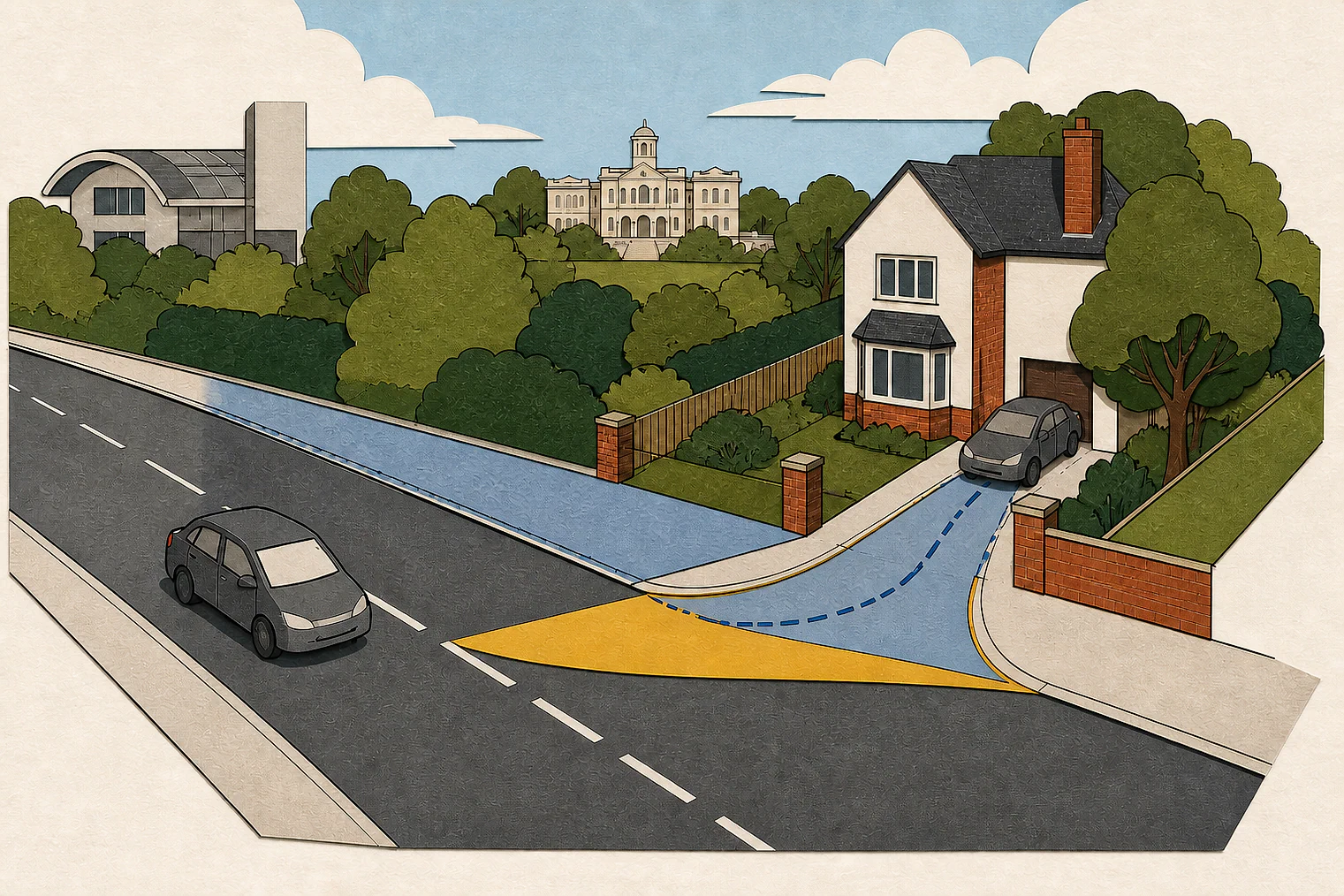 Cut-paper illustration of an imaginary access, visibility and highway safety planning issue in Ealing, with simplified local landmarks.