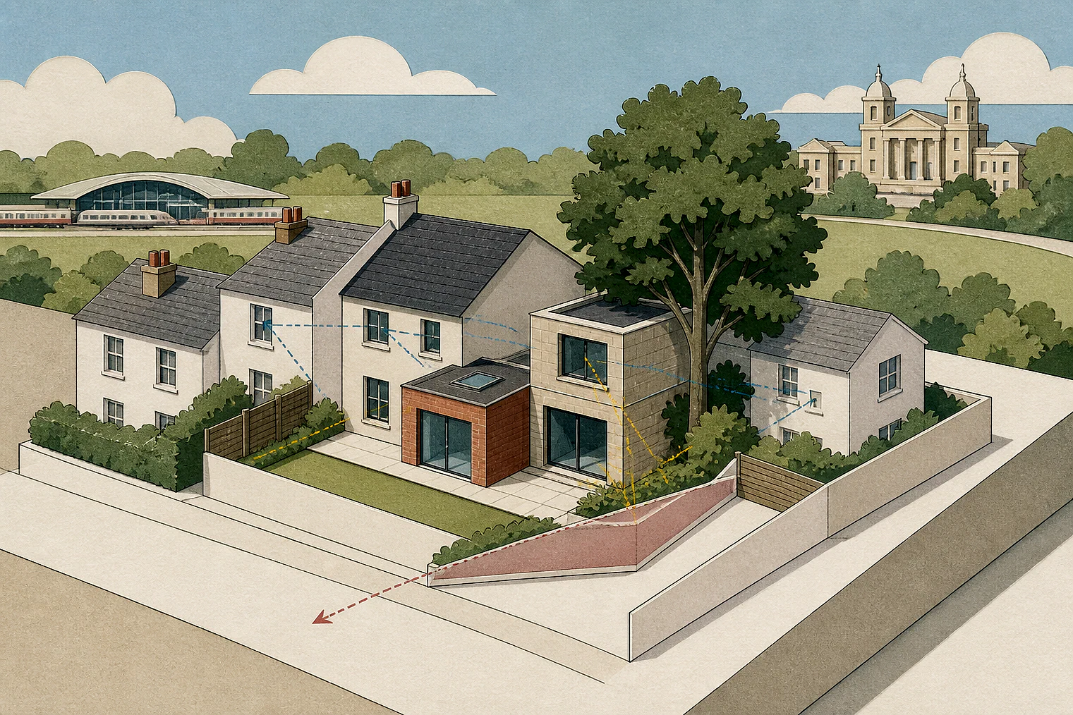 Cut-paper planning illustration for Ealing, showing extensions, neighbours, access and open land near simplified local landmarks.