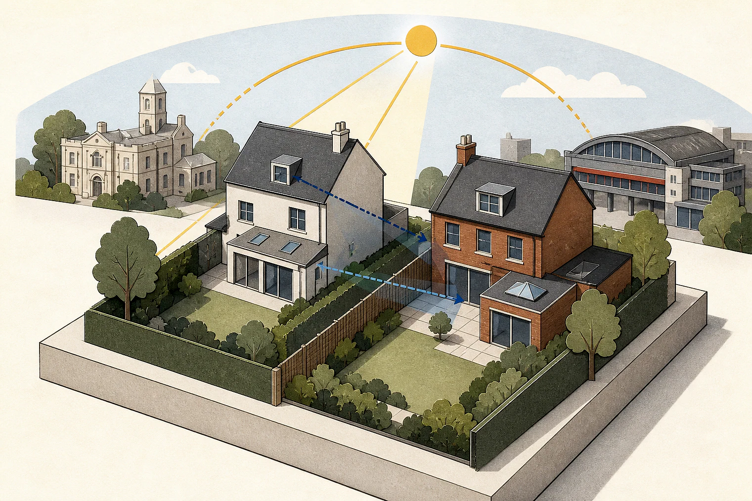 Cut-paper illustration of an imaginary privacy, daylight and neighbour living conditions planning issue in Ealing, with simplified local landmarks.