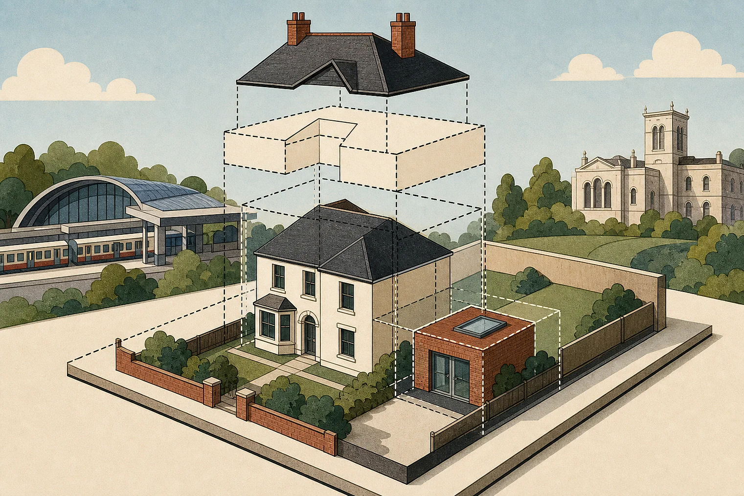 Cut-paper illustration of an imaginary permitted development dimensions and building relationships planning issue in Ealing, with simplified local landmarks.
