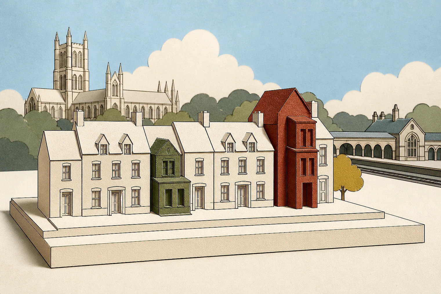 Cut-paper illustration of an imaginary character, scale and appearance planning issue in East Cambridgeshire, with simplified local landmarks.